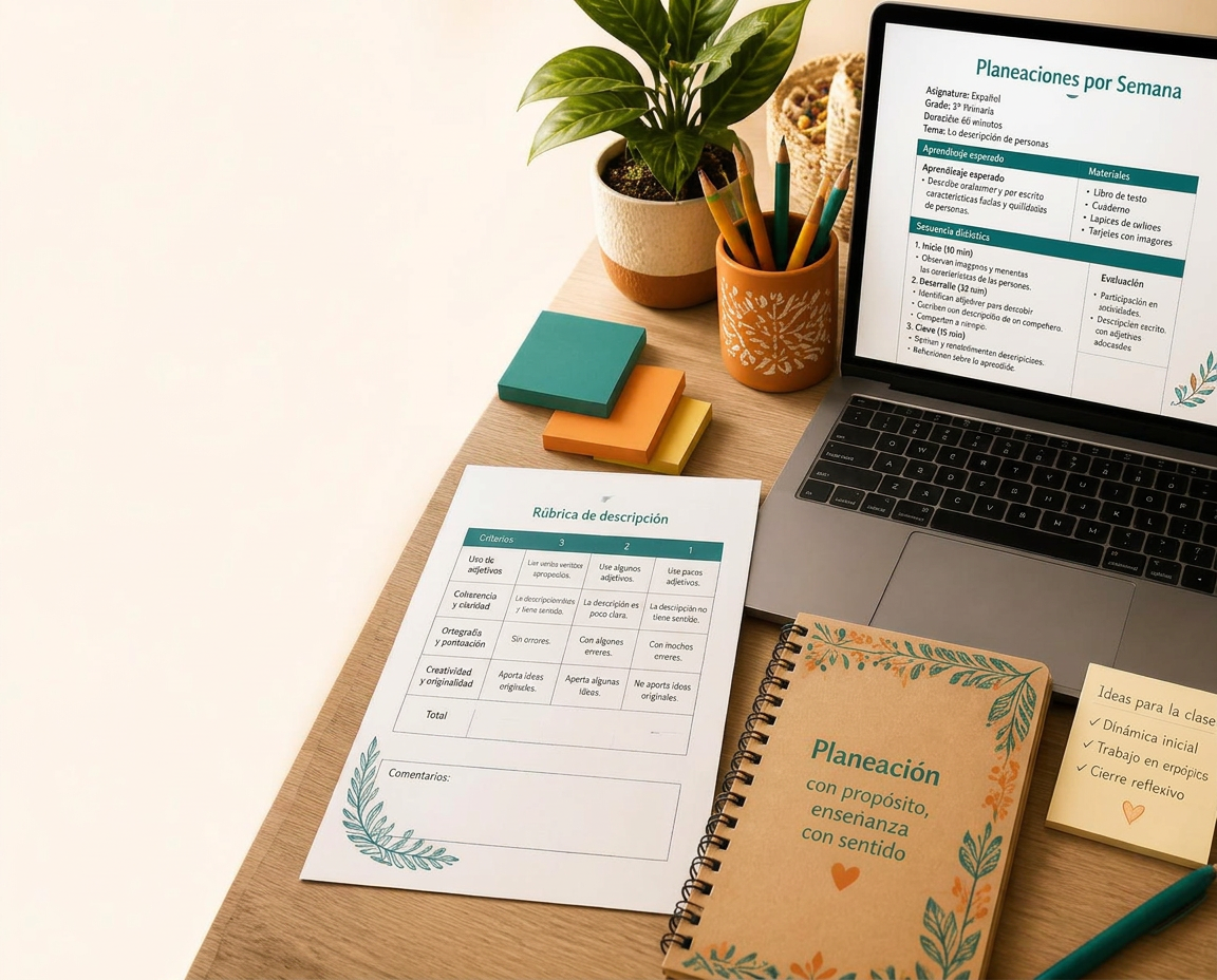 Escritorio de maestra con planeaciones impresas, cuaderno y laptop